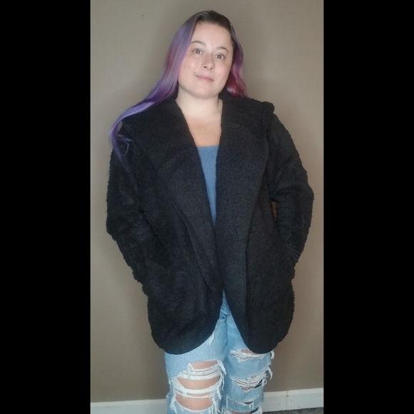 5⭐ black oversized fuzzy sherpa faux fur hooded open front cardigan pockets - Picture 8 of 9